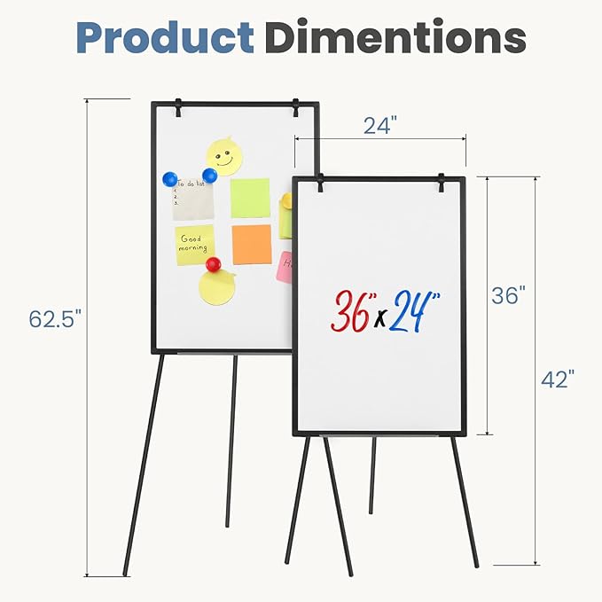 DUMOS White Board Easel 36 x 24 Inches, Magnetic White Board Dry Erase, Porbable Boards Height Adjustable, Dry Erase Board with Stand for School, Office and Home, Silver Aluminium Frame, Black