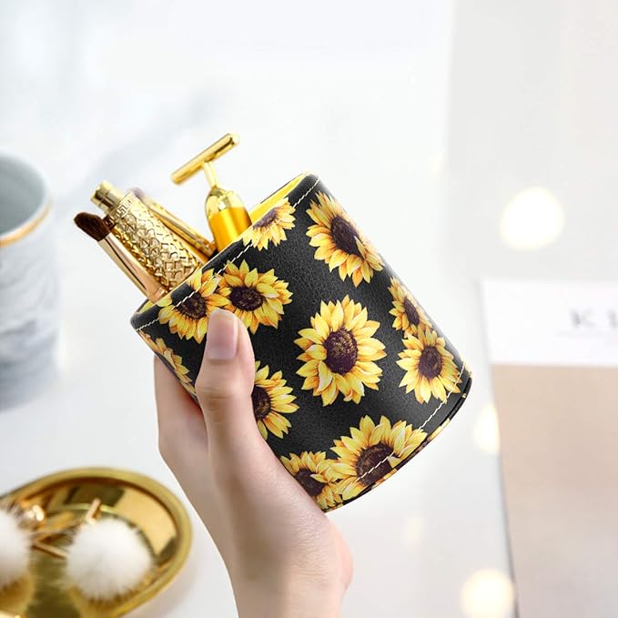WAVEYU Pen Holder, Pencil Cup Desk for Women Girls, Luxury Makeup Brush Holder Large Pu Leather Multi-Functional Organizer Cup for Office, Classroom, Home, Sunflower