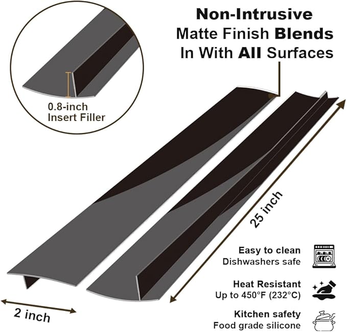 Kitchen Silicone Stove Counter Gap Cover, 25 inch Long & Extra Wide Stove Gap Filler Range Strips 2pcs,Between Oven and Countertop Dishwasher, Dryer,Easy Clean Heat Resistant Gap Guards Black