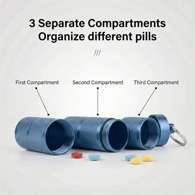 Waterproof Keychain Pill Holder - Compact, Portable, and Secure Pill Box with 3 Compartments - Pocket-Sized Pill Case and Container for Daily Medication on The Go, Blue