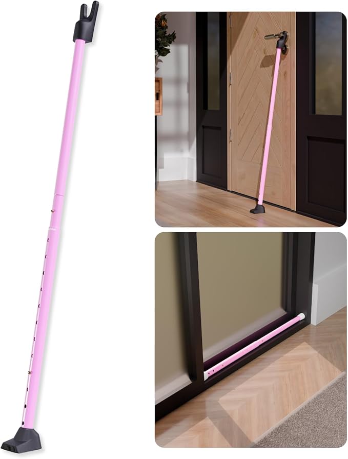 SECURITYMAN 3-in-1 Door Security Bar & Sliding Door Security Bar - Withstands 400lbs of Force - Door Jammer Constructed of High Grade Iron - Pink Door Stoppers - Patio, Window, Hinged Doors