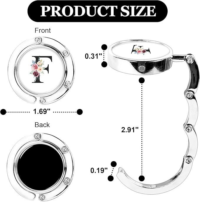 XSUIOY 3Pcs Personalized Initial Foldable Purse Hook for Table,Crushed Flower Letters Folding Purse Hanger,Purse Holder Handbag Hanger Collection Desk Table Bag Hooks Gifts for Women Bag(Black-F)