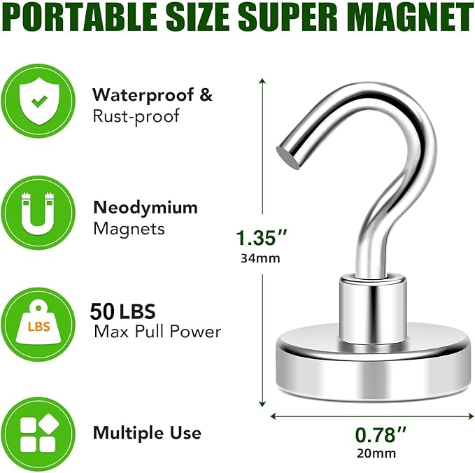MIKEDE Magnetic Hooks Heavy Duty,50lbs Earth Magnets with Hooks for Refrigerator, Strong Magnets with Rust Proof Metal Hooks for Cruise Cabins, Outdoor Hanging BracketsClassroom, Outdoor - 12 Pack