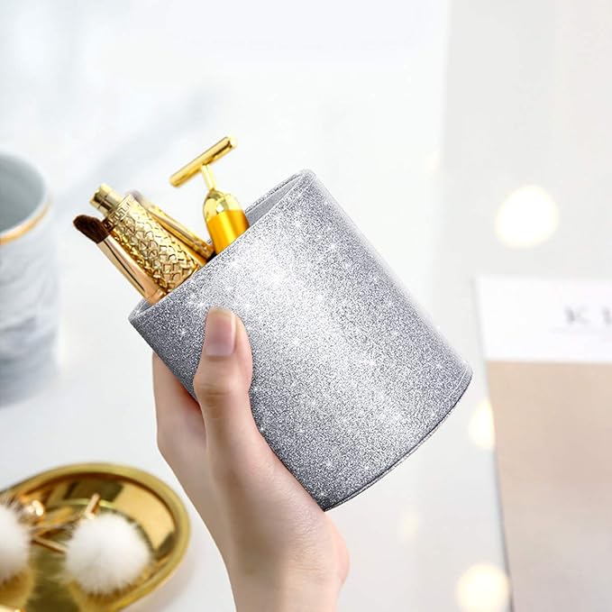 WAVEYU Glitter Pen Holder, Pencil Cup Desk Sparky Bling for Women Girls, Luxury Durable Makeup Brush Holder Large Pu Leather Multi-Functional Organizer Cup for Office, Classroom, Home, Silver