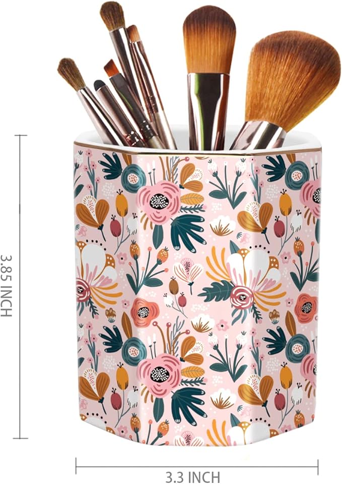 WAVEYU Large Capacity Colored Ceramic Floral Pencil Storage Marker Pen Holder, Cute Home Decor for Christmas, Holiday, Makeup Brush Holder for Girl Women Adult Teen Gift, Pink Flower