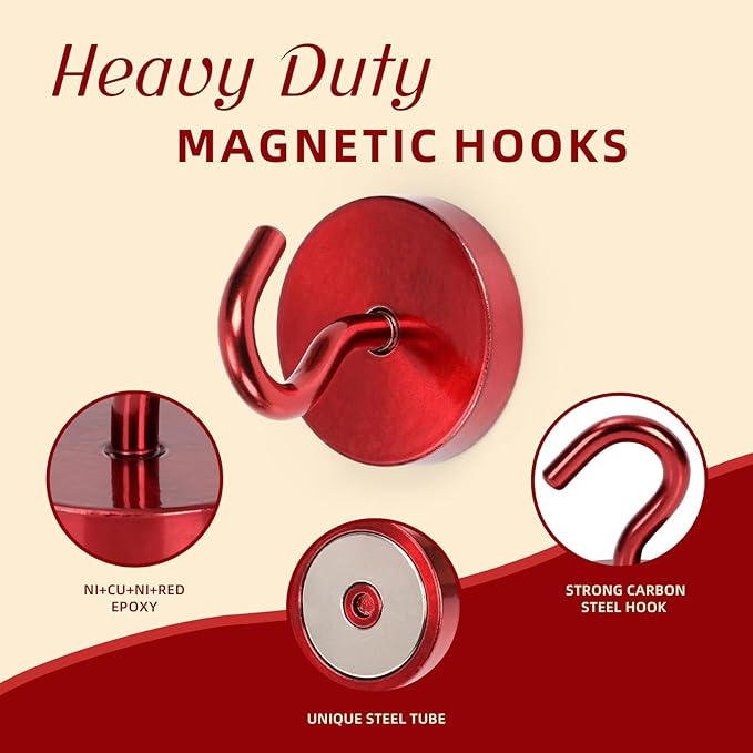 Neosmuk Magnetic Hooks, Cruise Ship Essentials, 120lb+ Heavy Duty Magnetic Hooks for Cruise Cabins, Refrigerator, Grill, Hanging, and Travel | Extra Strong Must-Haves Magnet Hook,Red,Pack of 20