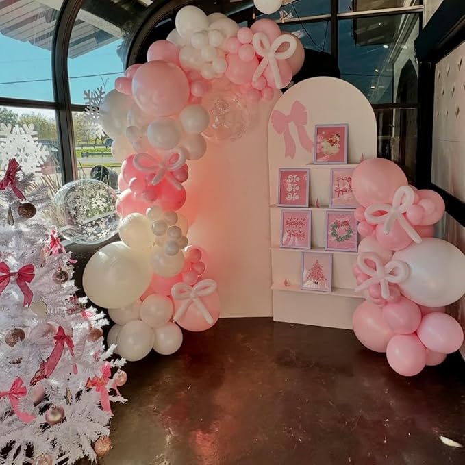 HKYOOD Pink Bow Balloon Garland Arch Kit - Coquette Birthday Decorations Coquette Bow Pink and White Balloon Arch Kit Different Size for Bridal Girls Birthday Baby Shower Party Decorations