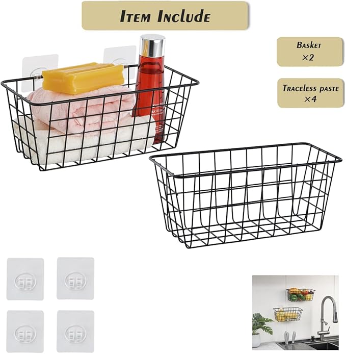 2 Pack Hanging Storage Basket, Bathroom Basket, Household Goods, with Traceless Tape, no Drilling, for Cabinet Storage, Kitchen, Bathroom, Storage Room,Black