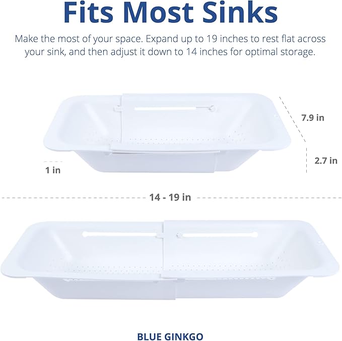 BLUE GINKGO Over the Sink Colander Strainer Basket - Wash Vegetables and Fruits, Drain Cooked Pasta and Dry Dishes - Extendable - New Home Kitchen Essentials (7.9 W x 14.5-19.5 L x 2.75 H) - White