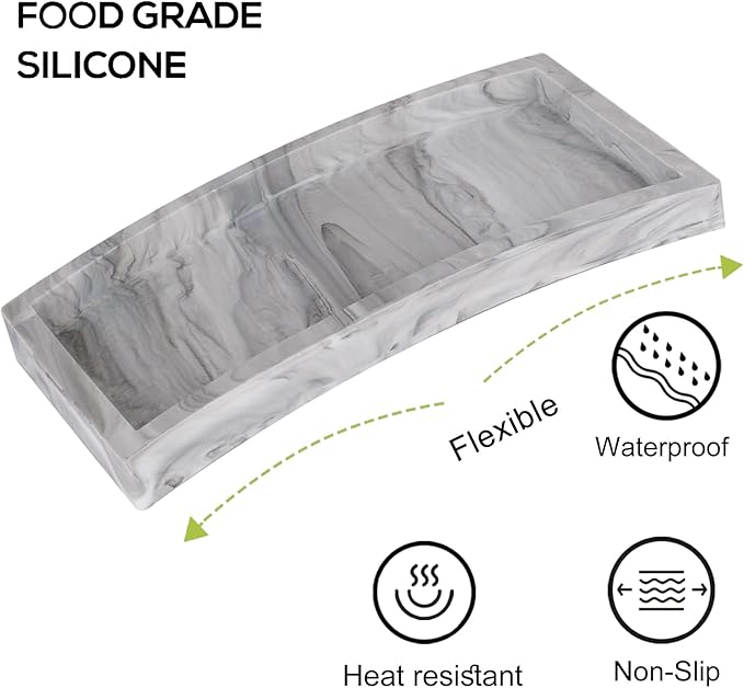 Small Bathroom Vanity Silicone Tray for Counter, Rectangle Dish Soap and Sponge Holder for Kitchen Sink, Perfume Organizer for Dresser, Marble Grey