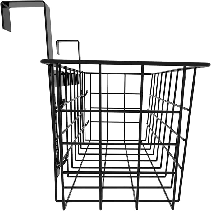 MaraFansie Basket with Hook, Grid Storage Basket, Over the Cabinet Door Organizer, Wire Hanging Basket with Hook Over the Railing, Under Sink Kitchen Cabinet, Pantry, Bathroom, Black, 4 Pack