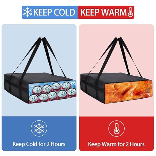 Insulated Pizza Delivery Bag for Carry Hot, 20" x 20" x 6" Carrier Warmer, Insulated Food Delivery Bag, Insulated Grocery Cooler Bags for Catering/Drivers Commercial Food Warmers（Black, 1Pk）