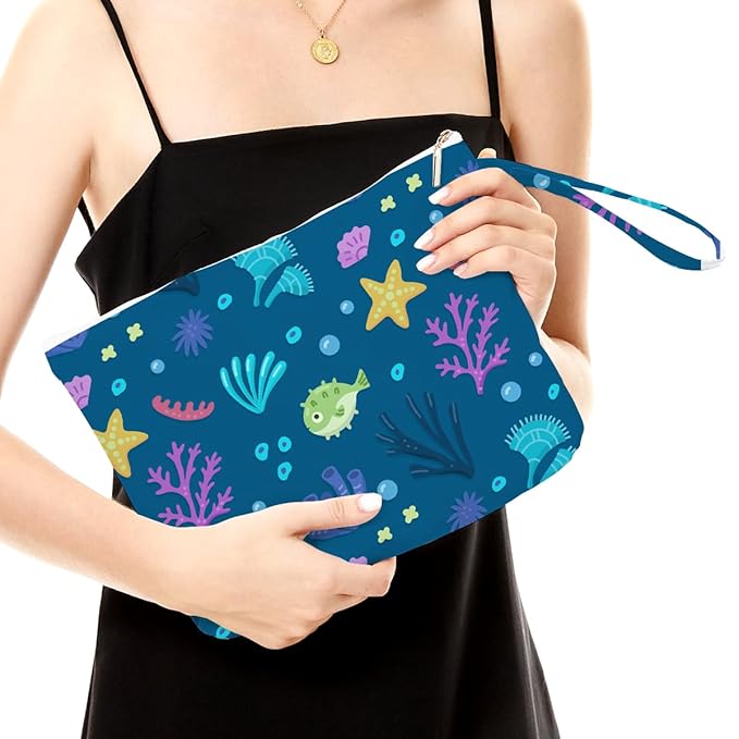 Fokongna Wet Bag, Small Portable Waterproof Multi-Functional Organizer for Women, Ideal for Daily, Beach & Travel，Blue Colorful Coral Reef