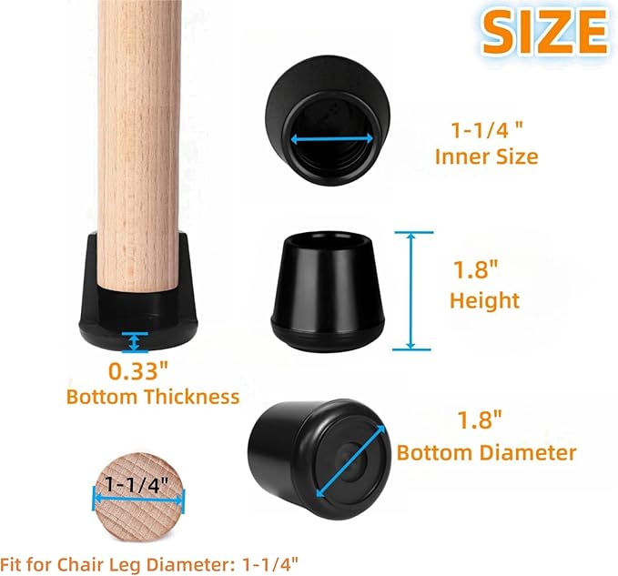 Chair Leg Tips Caps-Non Slip Rubber Leg Tips 1-1/4” Inner Diameter, Furnigear Chair Leg Floor Protectors Round Black-24 Pack