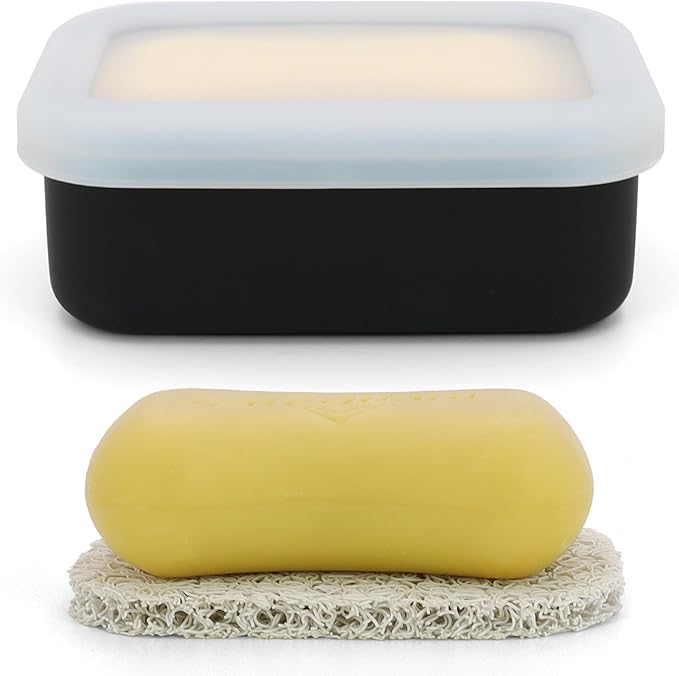 Enhanced Leak Proof Travel Soap Case, Compact Silicone Travel Soap Dish with Drainage Pad, Great for Gym, Camping, Bussines Trip (Black)