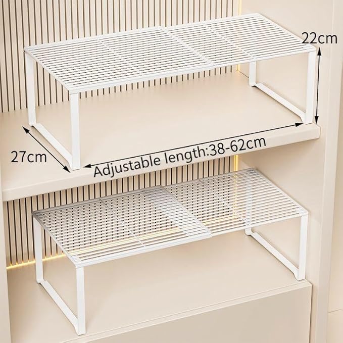 Extendable Metal Wire Shelf Organizer - Adjustable 15-24.4in Length, Stackable Storage Rack for Kitchen/Pantry/Bathroom/Shoe Cabinet/Tool Closet (1, White)