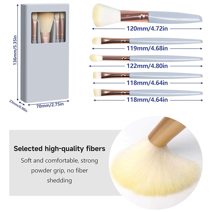 Travel Makeup Brush Set, Portable 5 PCS Mini Makeup Brushes with Mirror, Easy-taken Makeup Tool Set for Eyeshadow, Contour, Blush, Complete Function Cosmetic Profesional Tools (Blue)