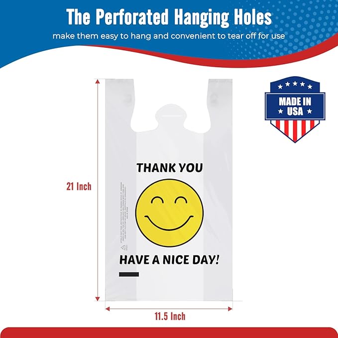 Fuxury 1000 Count Happy Smiling Face Thank You Plastic Bags (11.5 x 6.5 x 21) White, Have a Nice Day T-shirt Bags for Business, Grocery, Take Out, To Go, Retail Shopping in Bulk