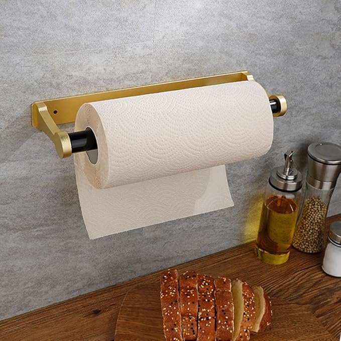 Adhesive Or Drilling 12IN Gold Kitchen Paper Towel Holder Under Cabinet Aluminum Alloy Plastic Spring-Rod Wall Mount Under Counter Insider Door Holds All Paper Towel Rolls