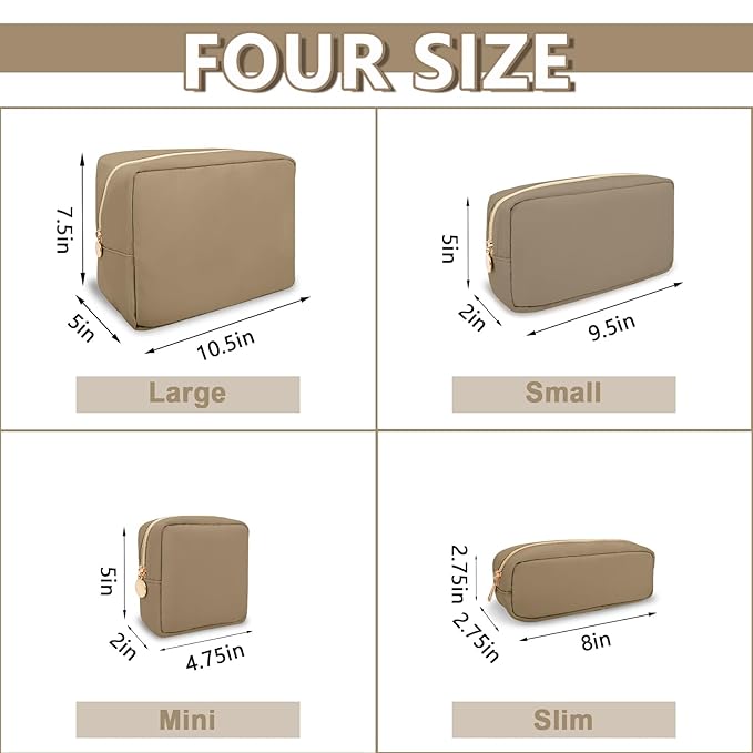 Large Makeup Bag Pouch, Nylon Women Travel Toiletry Storage Bag, Preppy Cosmetic Bag for Girls, Big Makeup Organizer Bag, Cute Zipper Pouch Skincare Bag for Sport Work Gift (Large-Khaki)