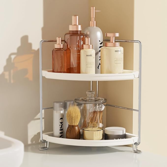 2-Tier Corner Bathroom Countertop Organizer, Tiny Counter Corner Shelf Skincare Makeup Perfume Organizer and Organization for Kitchen (White)