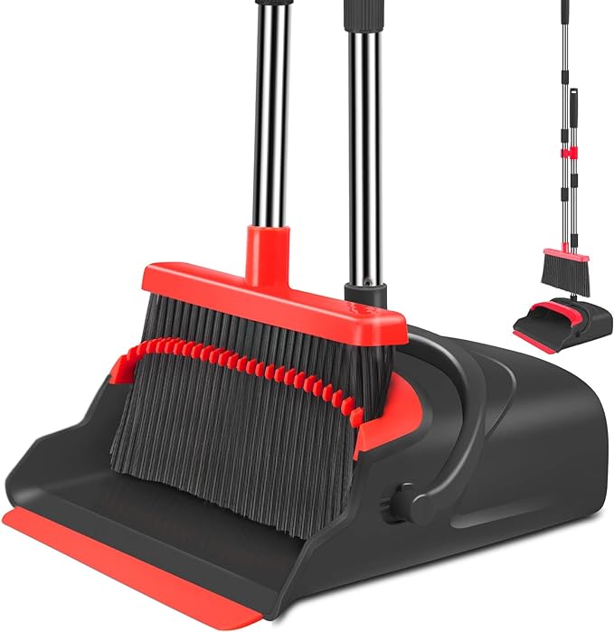 Upgrade Broom and Dustpan Set, Broom with Dustpan Combo Set, Large Size and with Long Handle, Upright,Ideal for Indoor Outdoor Garage Kitchen Room Office Lobby Use (Black&Red)