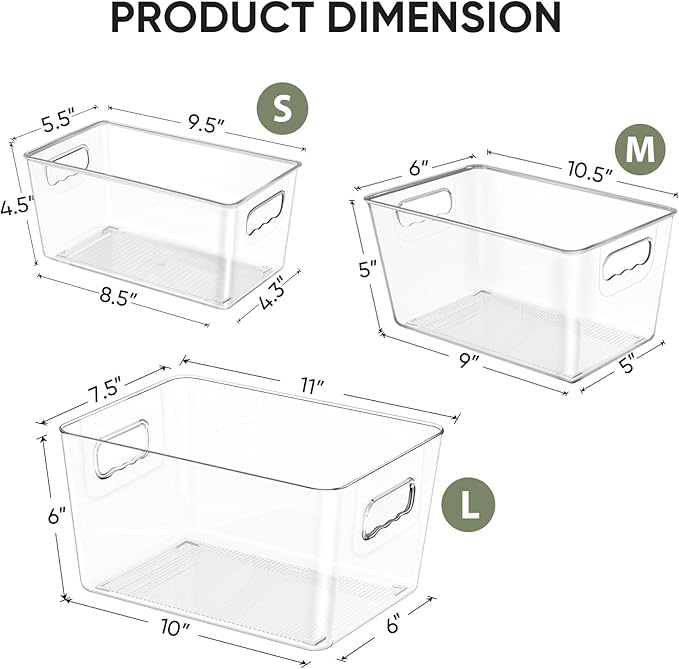 BALEINE Clear Plastic Storage Bins, Pantry Organization, BPA Free Stackable Refrigerator Organizers and Storage with Handles for Kitchen Fridge Cabinet Bathroom (4PK, 9.5x5.5x4.5)