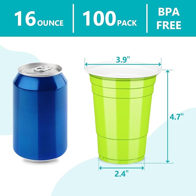 LANLISA 100 Lime Green Plastic Cups, 16 oz Disposable Cups, Drinking Cups For Halloween, Summerween, Christmas Party Supplies