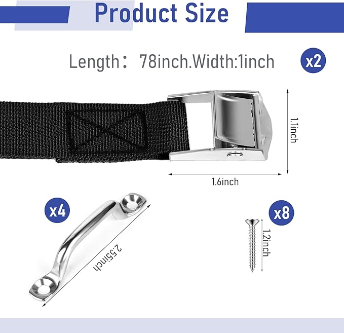 2 Sets 1"x 78"(6.5ft) Battery Tie Down Straps Kit with Stainless Steel Cam Buckle for Boats Battery Hold Down with Stainless Steel and SS Screws for Cooler,Battery Box,Fuel Tank,Luggage Belt,Cars