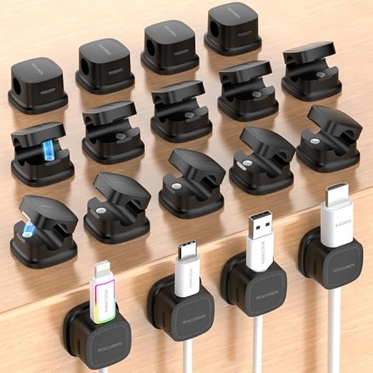 18 Pack Cable Management Cord Organizer,Magnetic Cable Clips-1s Lock,Rocoren Desk Adhesive Cord Cable Clip Wire Holder Keeper for Phone Charger Wire,Nightstand,Car,Office,Desktop Accessory,Black