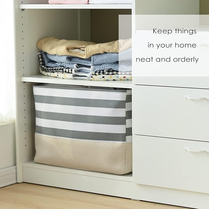 TheWarmHome Jumbo Storage Bins Baskets, Sturdy Fabric Organizing Basket W/Handles, Decorative Foldable Storage Baskets for Shelves Closet Nursery Toy (Grey&White Stripes 3 Pack, 20.5Lx15.7Wx13.8H in)