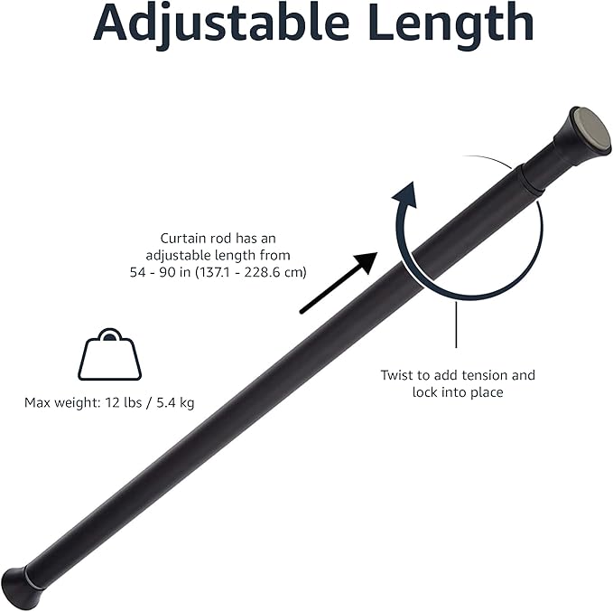 Amazon Basics No Drill Adjustable Sturdy Spring Tension Curtain Rod, 54-90", Black, Classic Finial