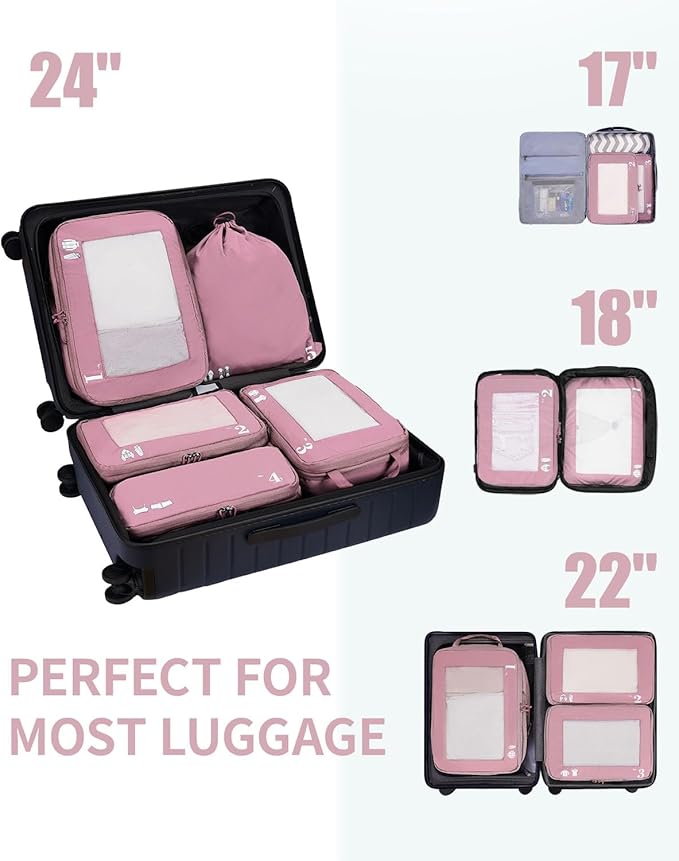 ECOHUB 5 Set Compression Packing Cubes for Suitcases Organizer Bags Set Travel Essentials with Shoe Bag for Traveling Tear-resistant Travel Accessories with ID Tag Expandable Packing Bags(Pink)