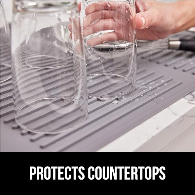 GORILLA GRIP 100% BPA-Free Patented Silicone Dish Drying Mat for Kitchen Counter, Water Catching Ribbed Design, Easy Clean Waterproof Sink Liner, Heat Resistant, Fits Under Rack, 11x13 Inch, Gray