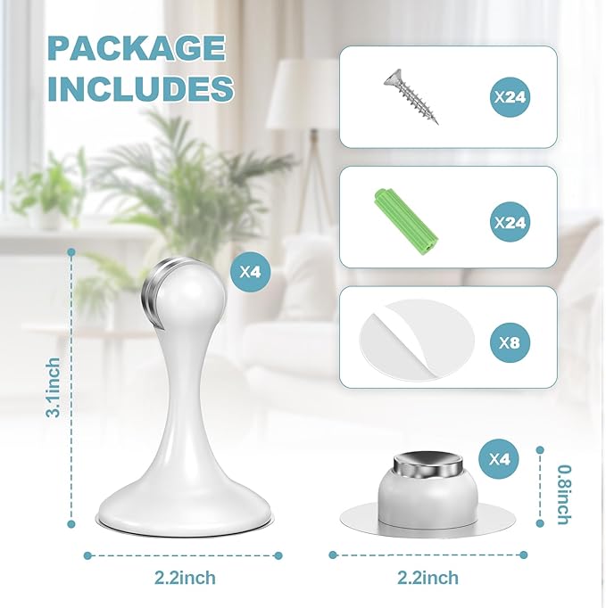 Magnetic Door Stoppers 4 Pack, Stainless Steel Door Stops for Wall and Floor Mounting, Door Holder Keep Door Open, No Drilling Door Stop with 3D Adhesive Tapes, White
