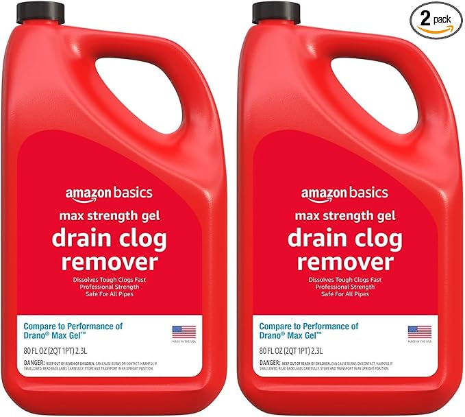 Amazon Basics Max Strength Drain Cleaner Gel, Hair Clog Remover, Dissolves Grease, Safe on All Pipes, 80 Fl Oz (Pack of 2)