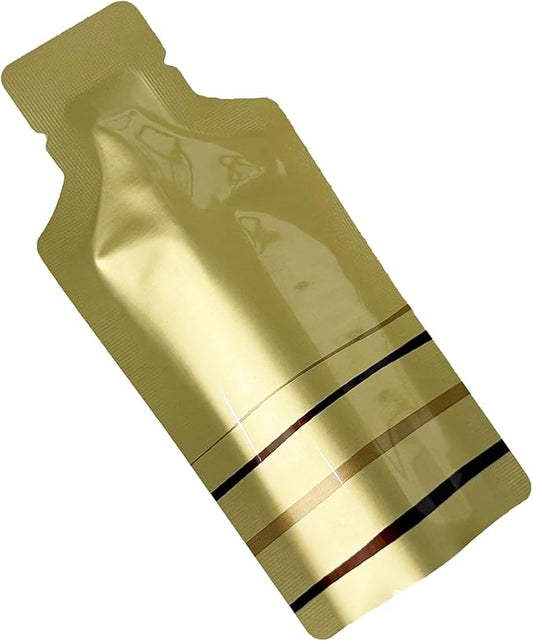 PABCK 100 Pcs Disposable Open Up Mylar Storage Bags Cosmetic Shampoo Liquid Containers Sample Pouch Heat Seal Foil Bag Travel Use Packets for Toiletries Skincare Lotion (Gold, 1.97x4.33 inch)