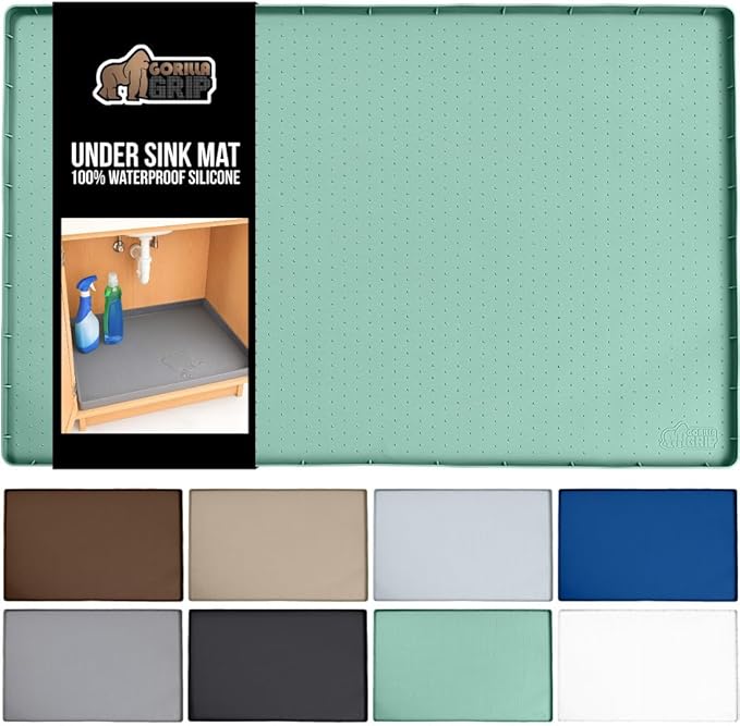 GORILLA GRIP Waterproof Silicone Under Sink Mat with Raised Lip for Kitchen and Bathroom, 31 x 22 in, Cabinet Shelf Liner Stay in Place Mats Dishwasher Safe Drawer Liner, Organizer Tray, Mint