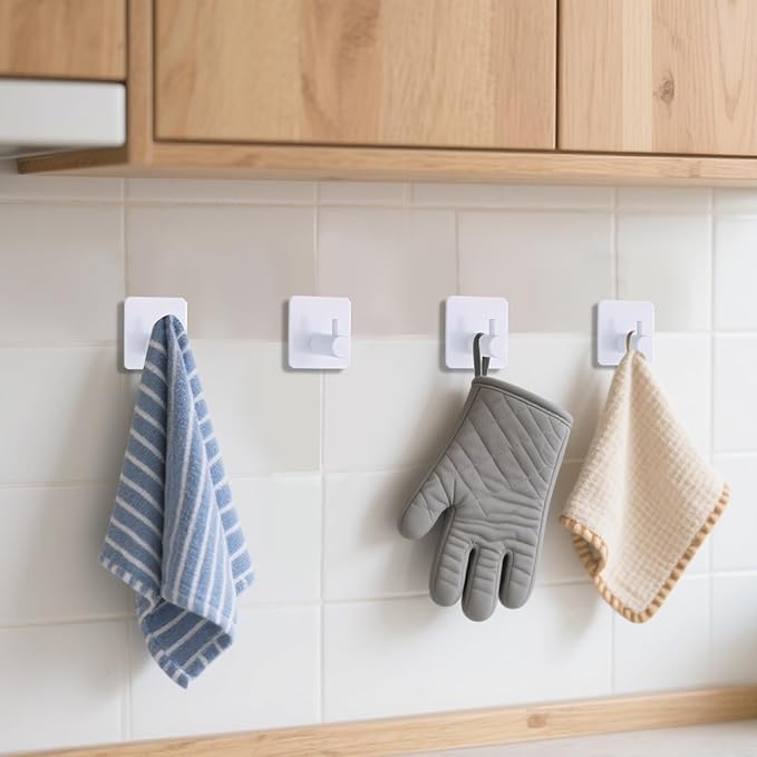White Adhesive Towel Hooks Heavy Duty Stick on Wall Hooks Shower Hooks for Bathroom Kitchen Door-4 Packs