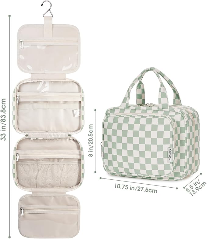 Narwey Hanging Toiletry Bag for Women Travel Checkered Makeup Bag Organizer Toiletries Bag for Travel Size Essentials Accessories Cosmetics (Mint Green Checkerboard (Medium))