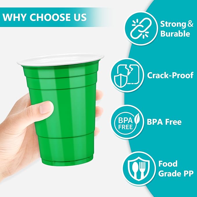 LANLISA 100 Green Plastic Cups, 16 oz Disposable Cups, Drinking Cups For St Patricks Day, Christmas Party Supplies