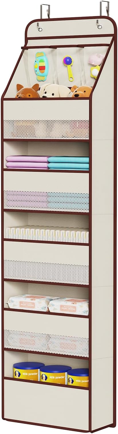 Univivi 6-Shelf Over Door Hanging Organizer Fabric Baby Door Storage with 5 Large Pockets and 3 Small PVC Pockets Wall Mount Hanging Storage Organizers for Baby Essential (Beige)