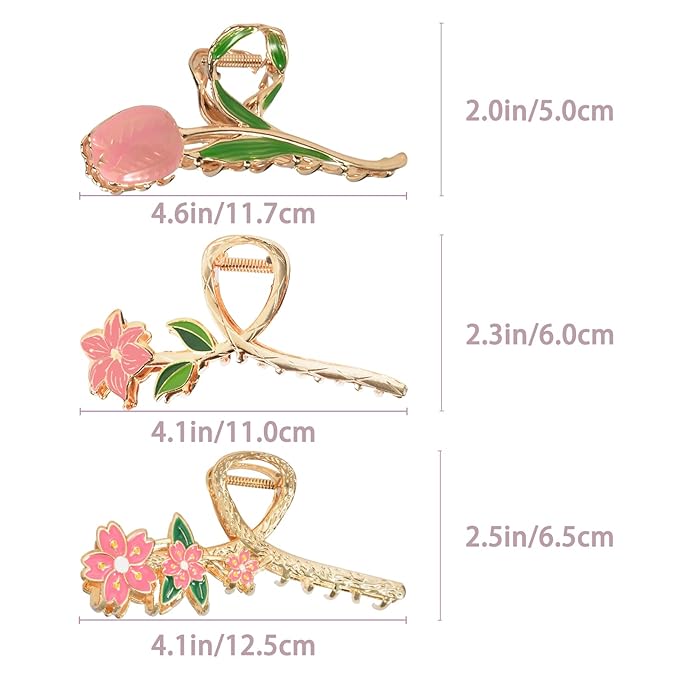 3-Piece Flower Metal Hair Accessories: Pink Tulip Hair Claw, Elegant Lily Floral Barrettes, Strong Hold Non-Slip Cute Orchid Hair Clips for Thin/Medium Thick Hair