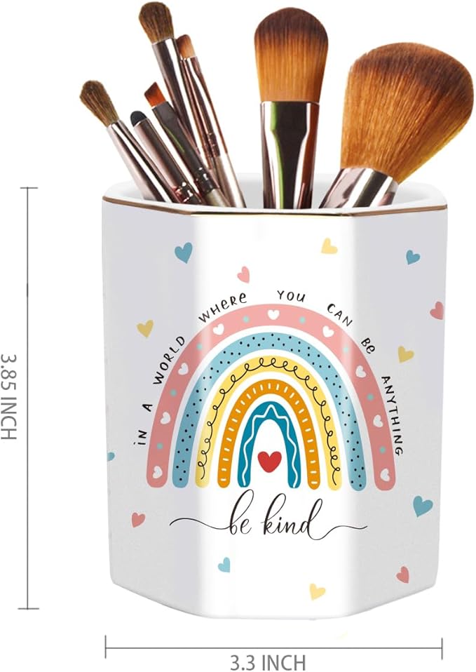 WAVEYU Pen Holder for Desk, Cute Ceramic Pencil Holder, Pen Cup Marker Holder Makeup Brush Holders, Desk Accessories & Workspace Organizers for Office, Home, Rainbow Pattern