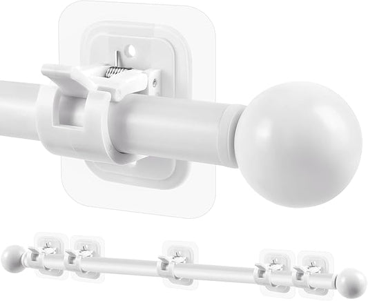 Curtain Rods No Drilling for Windows Set 66 to 120-128 Inch,5/8 Inch Diameter Drapey Pole with No Drill Curtain Rod Brackets,Renter Friendly Cortineros Para Ventanas with Adhesive Holder Hook White