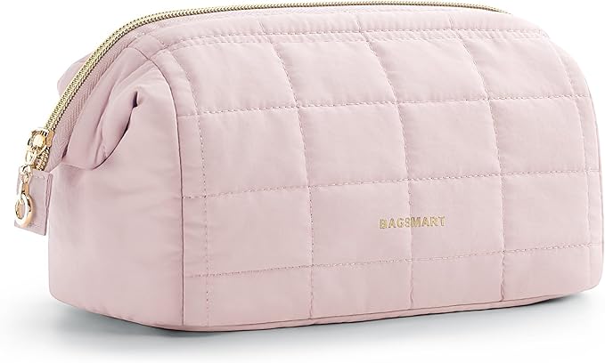 BAGSMART Makeup Bag Travel Toiletry Bag, Puffy Padded Makeup Bags for Women Makeup Organizer Case, Wide-open Pouch Purse Travel Essentials Toiletries Accessories Brushes, Pink