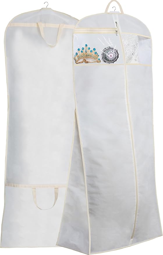 MISSLO 65" Bridal Wedding Gown Dress Garment Bag with Accessories Pouch Large Travel Garment Cover 8" Gusset (White)