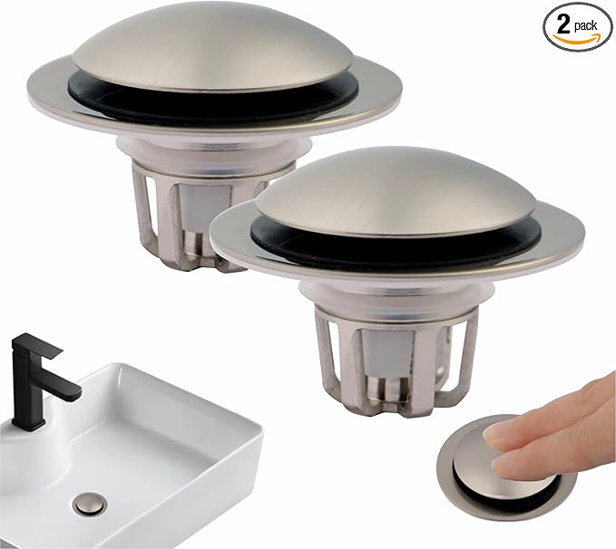 2 Pack Pop Up Sink Drain Stopper,Brushed Nickel Bathroom Sink Stopper with Hair Catcher and Anti-Clog Strainer,Glimflorus Universal 2-in-1 Drain Stopper for 1 1/8"-1 1/2" Drain Holes