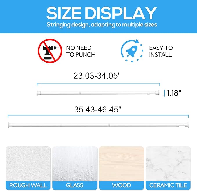 2pack Spring Tension Rods 23-46 Inch Adjustable White Tension Rod Spring Curtain Rod Extendable Short Curtain Rod Spring Loaded Curtain Rods Tension Rod For Curtains,Closet,Kitchen