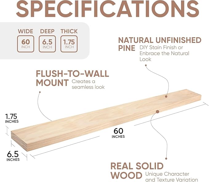 Homeforia 60 inch Wood Floating Shelf, High End Solid Natural Long Wood Shelf for Wall 60 inches, Unfinished Wooden 60inch Large Floating Shelves, Heavy Duty Bracket, 60 X 6.5 X 1.75 in, Set of 3